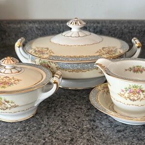 Antique Noritake Cream and Gold Floral Serveware 3-Piece Set